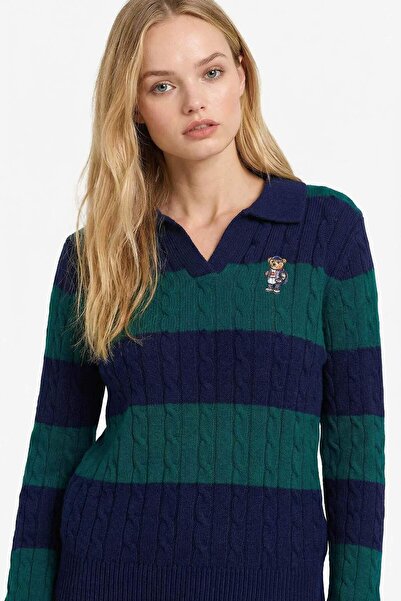 DeFacto Regular Fit Polo Collar Striped Hair Braided Sweater G8018Ax26Sp