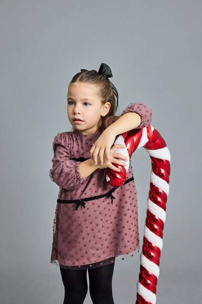 DeFacto Yılbaşı Temalı Puantiyeli Fiyonk Detaylı Uzun Kollu Tül Elbise Kız Be...