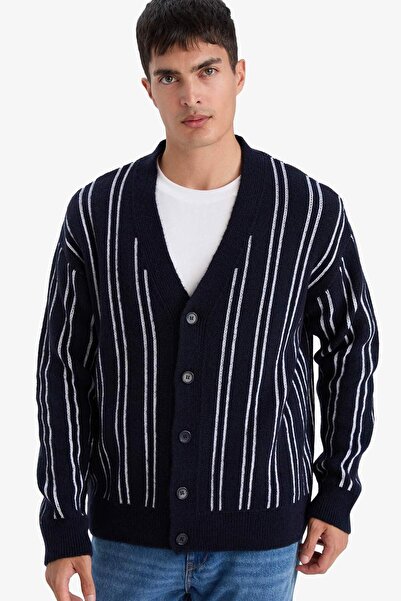 DeFacto Relax Fit V Yaka Çizgili Düğmeli Triko Hırka F7279AX25WN