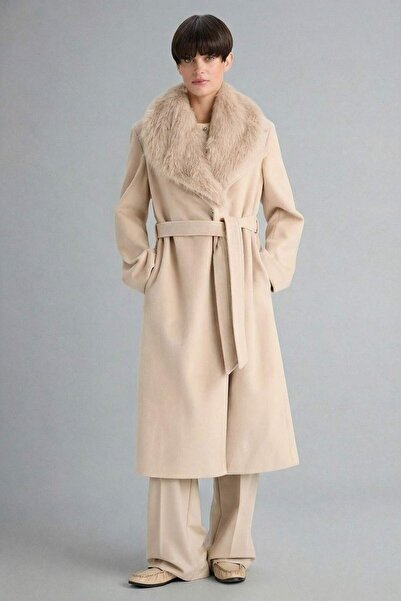 DeFacto Regular Fit Faux Fur Collar Belted Cashmere Long Coat F2811Ax25Wn
