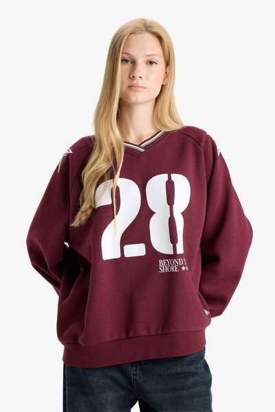 DeFacto Oversized Wide Fit V-Neck Printed Thick Sweatshirt E8793Ax25Wn