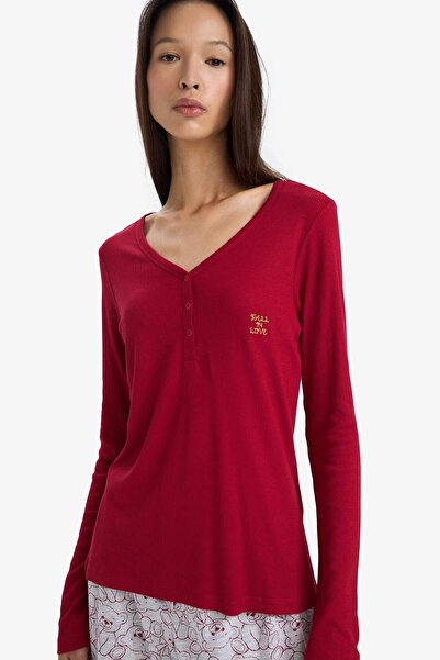 DeFacto Regular Fit V Yaka Uzun Kollu Fitilli Kaşkorse Pijama Üstü F3722AX25WN