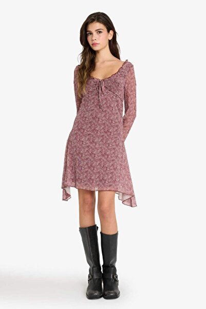 DeFacto V-Neck Floral Tulle Long Sleeve Mini Dress F8195Ax25Sm