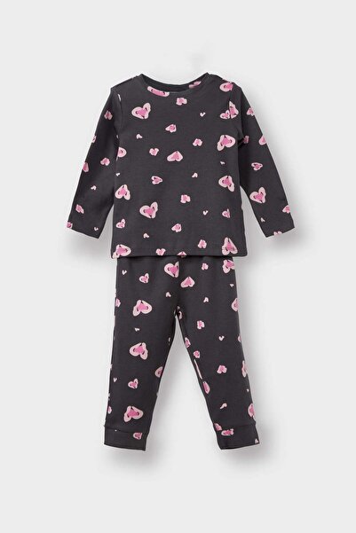 DeFacto 100% Cotton Heart Patterned Elastic Waist Pajama Set for Baby Girl F0...