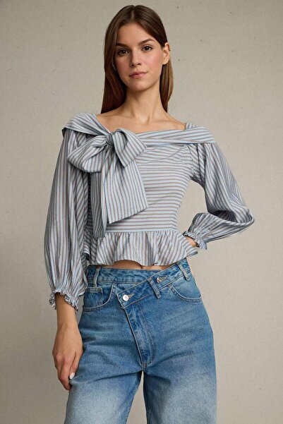 DeFacto Bluză cu mânecă lungă cu dungi și decolteu cu fundă G5001AX25WN