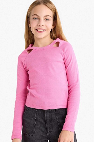 DeFacto Тънко прилепваща блуза с кафяво-синьо камъче, с дълъг ръкав и ребра, ...