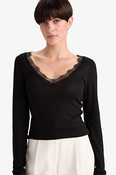 DeFacto Modal Cashmere Soft Textured Lace Long Sleeve Top F3168Ax25Au