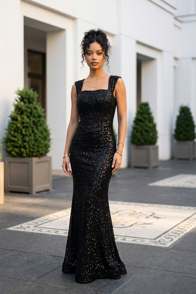 By Saygı Kadın Straplez Büstiyerli Düşük Kollu Astarlı Belenli File Balık Elbise