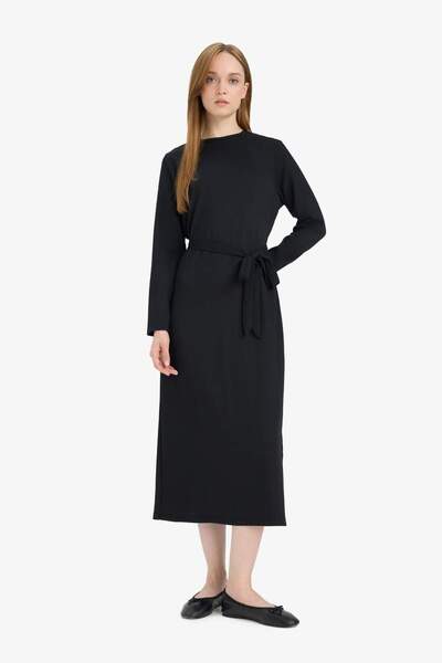 DeFacto Regular Fit Crew Neck Tie-Up Long Sleeve Maxi Dress D9063Ax25Sp