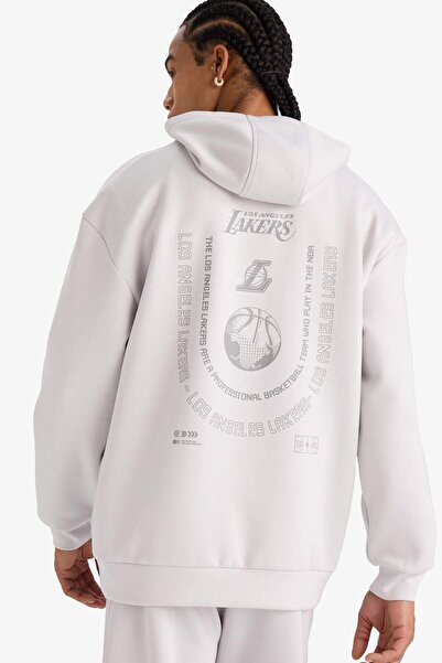 DeFacto Nba Los Angeles Lakers Boxy Fit Hooded Skuba Diver Fabric Back Printe...