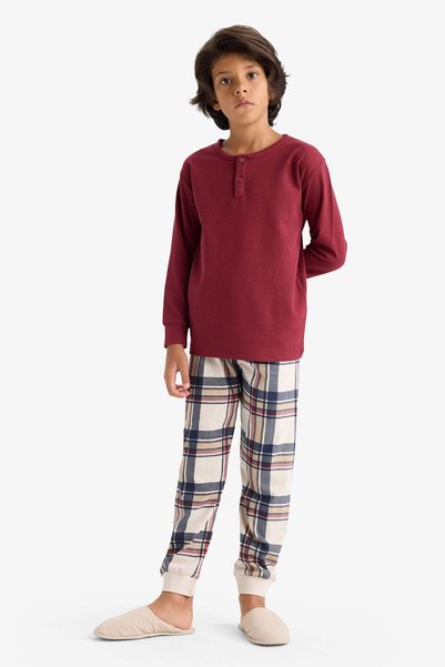 DeFacto Set pijamale Waffle cu mânecă lungă în carouri cu pantaloni lungi pentru băieți F1895A825AU