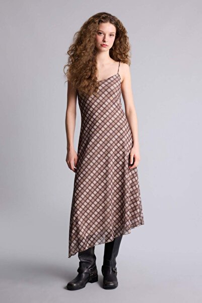 DeFacto V-Neck Checkered Tulle Strap Midi Dress F7971Ax25Au