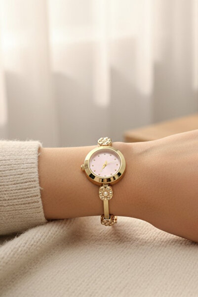 STİL İNCİSİ Style Pearl/Gold Luxury Watch, Pearl Pink Zircon Stone Steel Watch