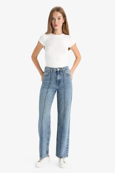 DeFacto 90S Wide Leg High Waist Straight Leg Long Jean Snow Washed Trousers F...