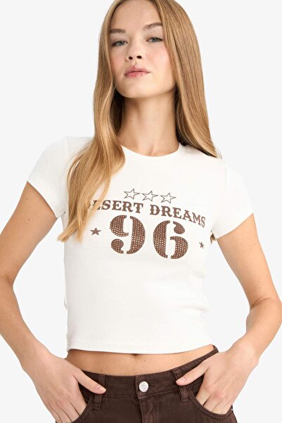 DeFacto Fitted Crew Neck Printed Ribbed Short Sleeve T-Shirt G3266Ax25Wn