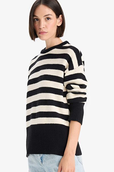 DeFacto Oversize Wide Fit Crew Neck Striped Knit Sweater F3889Ax25Wn