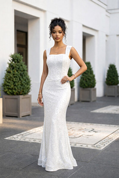 By Saygı Kadın Straplez Büstiyerli Düşük Kollu Astarlı Belenli File Balık Elbise