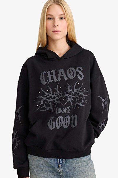 DeFacto Oversized Wide Fit Hooded Printed Sweatshirt G1223Ax25Wn