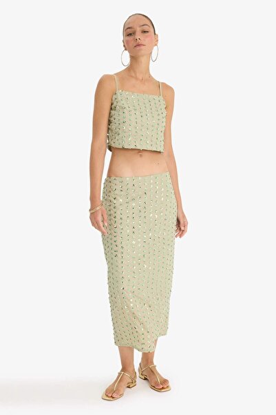 DeFacto Kalem Normal Bel Astarlı Taş İşlemeli Vual Midi Etek G1002AX25AU