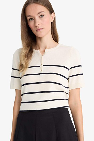 DeFacto Regular Fit Bisiklet Yaka Çizgili Triko Kısa Kollu Kazak F8679AX25AU