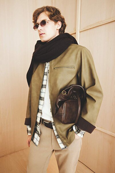 DeFacto Palton din piele artificială cu fermoar, cu guler contrastant, cu buz...