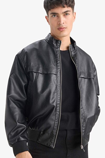 DeFacto Oversize Fit Geniş Kalıp Dik Yaka Fermuarlı Cepli Suni Deri Ceket Mon...