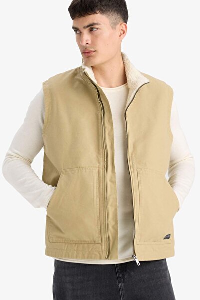 DeFacto Regular Fit Mock Neck Plush Inside Zippered Pocket Beige Men's Vest E...