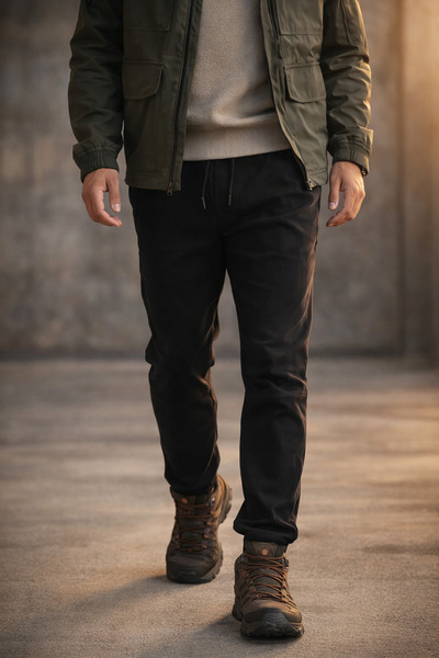 Souris Erkek Siyah Jogger Pantolon Rahat Kesim Pamuklu Lastikli Paça İpli