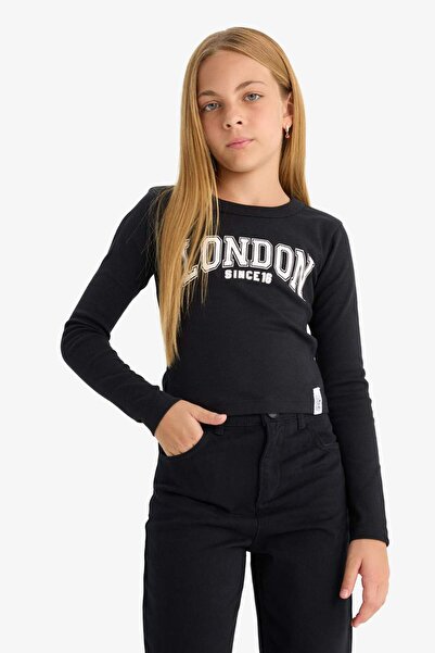 DeFacto Tricou cu mânecă lungă, cu imprimeu, cu decolteu rotund, croială subț...