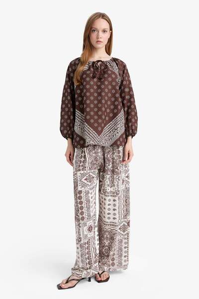 DeFacto Wide Leg Cep Detaylı Geniş Paça Keten Karışımlı Desenli Pantolon F926...