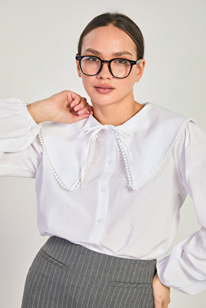 BARRELS AND OIL Дамска риза с широка яка тип „бебе“ и дълги ръкави – бяла