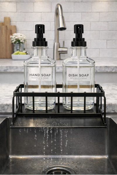 Cherie Home Tezgah Üstü Metal Stantlı Cam Sıvı Sabunluk Seti, İkili Mutfak St...