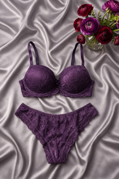 Luvia Lingerie mor push up dantelli ikili takım fantazi iç giyim