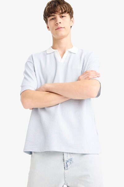 DeFacto Boxy Fit Rahat Kesim Seersucker Kumaş Polo Yaka Çizgili Kısa Kollu Ti...