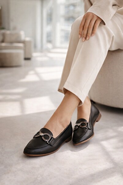 Modabuymus Siyah Hakiki Deri Tokalı Babet Topuksuz Deri Ayakkabı BoBe