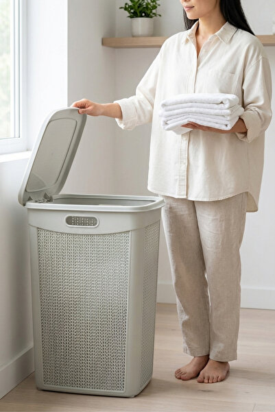 Melkan Home Kapaklı Çamaşır Sepeti Örgü Desen 43 Litre Gri