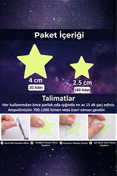 Acubens 200 Adet Karanlıkta Parlayan Fosforlu Yıldız Dekoratif Sticker