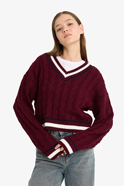 DeFacto Pulover tricotat cu decolteu în V cu croșetat C7321AX25WN