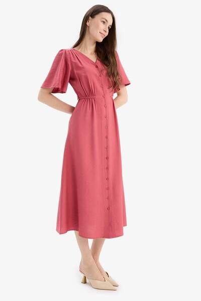 DeFacto Κοντομάνικο μίντι φόρεμα με λαιμόκοψη σε γραμμή Α E1128AX25SM