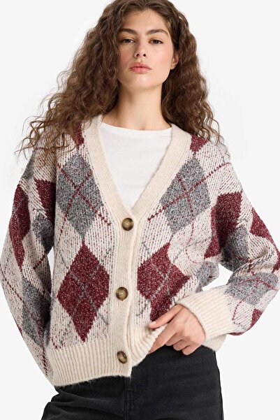 DeFacto Oversize Wide Fit V-Neck Πλεκτό Ζακέτα με κουμπιά R1649AZ25WN