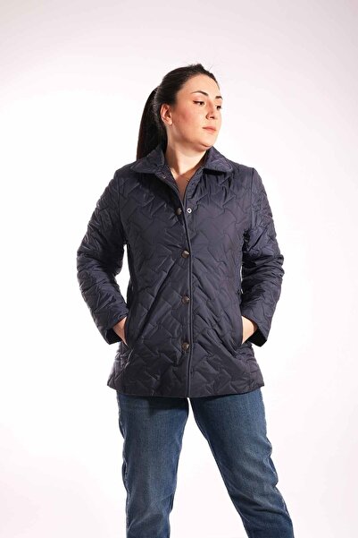 Blues Outlet Γυναικείο παλτό με καπιτονέ με κόκκαλο σχέδιο-σκούρο μπλε