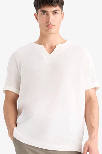DeFacto 100% Cotton Regular Fit Summer V-Neck Cotton Short Sleeve Shirt X9812...