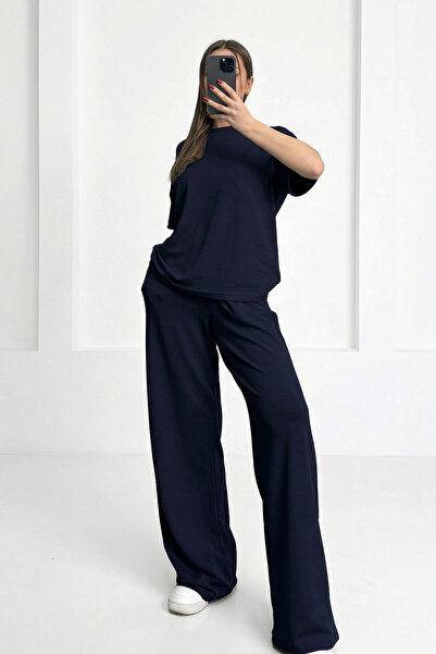 Runades Kadın Kısa Kollu Yazlık İki İplik Penye Geniş Paça Eşofman Takımı