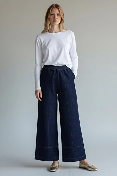 Invee Beli Geniş Paça Lastikli Denim Pantolon - Mavi
