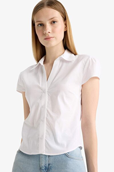 DeFacto Fitted Poplin Kısa Kollu Beyaz Gömlek F6354AX25HS