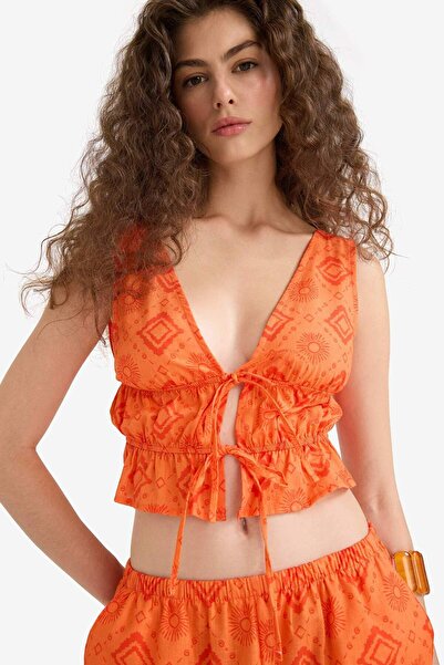 DeFacto %100 Pamuk Fıtted Crop Desenli Önden Bağlamalı Bluz F4626AX25HS