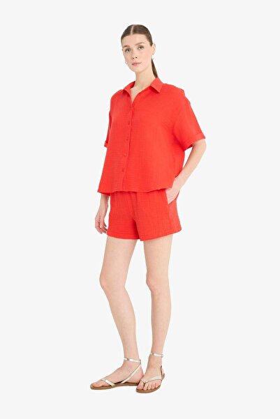 DeFacto 100% Cotton Relax Fit High Waist Short Leg White Muslin Shorts D0567A...