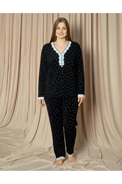Pijamoni Γυναικείο Σετ Πιτζάμες Βισκόζης Μεγάλου Μεγέθους Μακρυμάνικο με Κέντ...