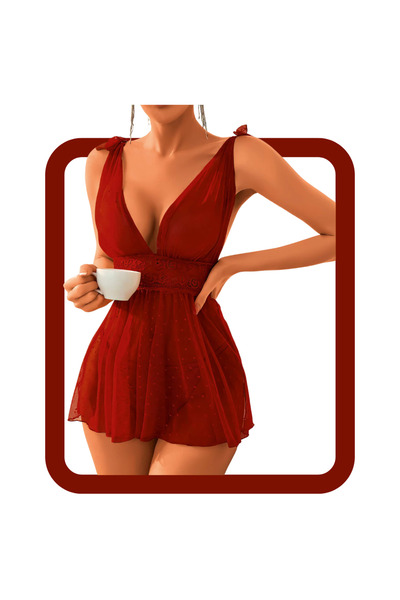 ZARVIA Kırmızı Tül Dekolteli Transparan Askılı Seksi Tanga Gecelik Takım