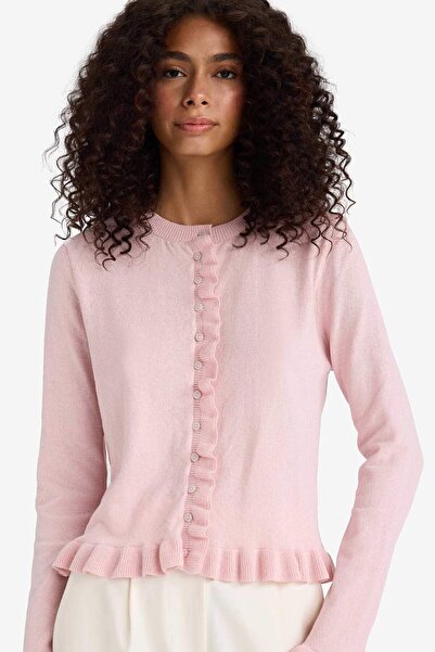 DeFacto Regular Fit Bisiklet Yaka Düğmeli Fırfır Detaylı Triko Hırka F7163AX25HS